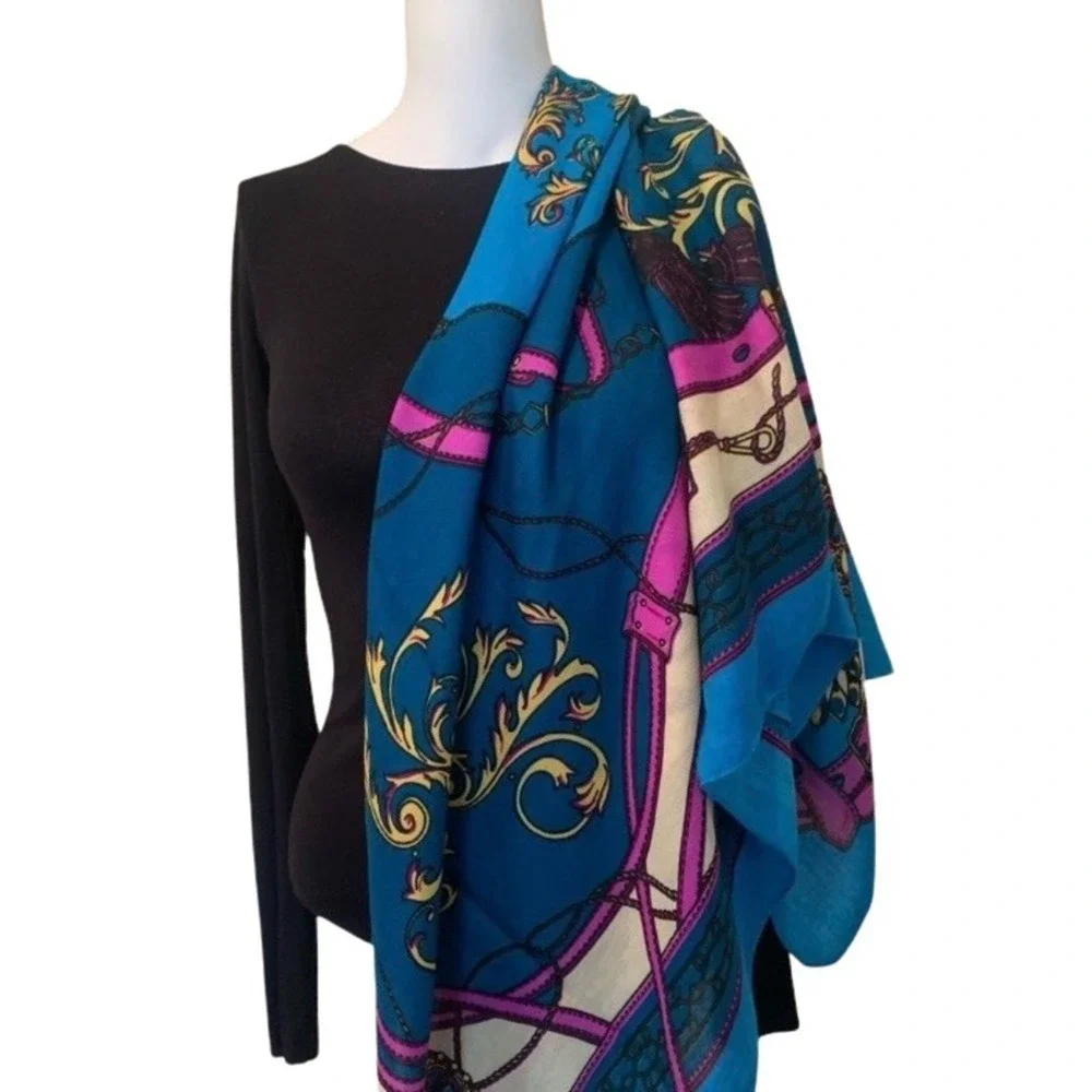 Equestrian Baroque Print Oversized Square Scarf Teal Blue Pink Belt Chain Tassel